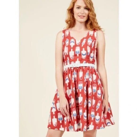 Modcloth Women's Red, White & Blue Belted Popsicle Novelty Pattern Dress Size XS - Picture 1 of 13